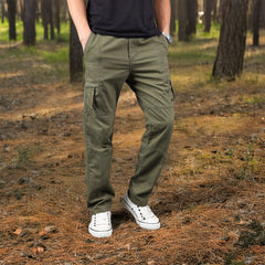 Men’s Cotton Cargo Overalls Straight-Leg Multi-Pocket Hiking Camping Pants