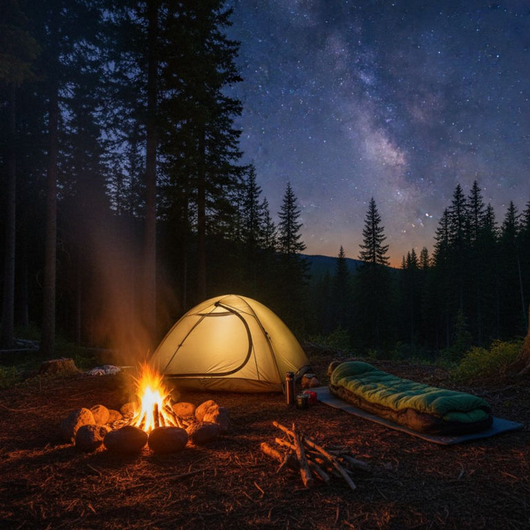 Camping scene with a tent, campfire, and sleeping bag under a starry sky in the woods.