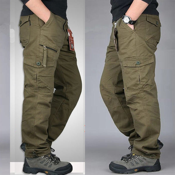 Men’s Cotton Cargo Overalls Straight-Leg Multi-Pocket Hiking Camping Pants