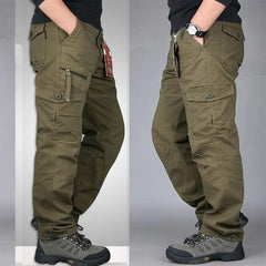 Men’s Cotton Cargo Overalls Straight-Leg Multi-Pocket Hiking Camping Pants