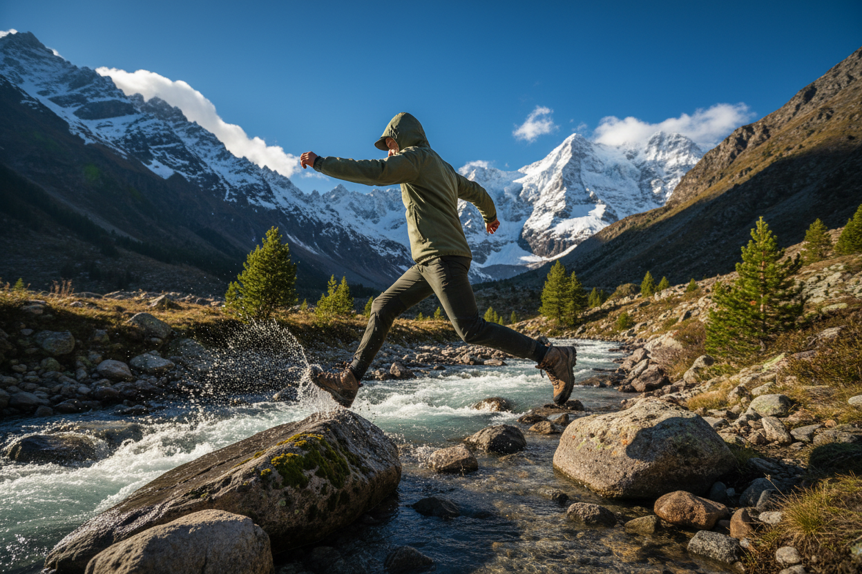 Person running across a stream in a mountainous landscape with snow-capped peaks.