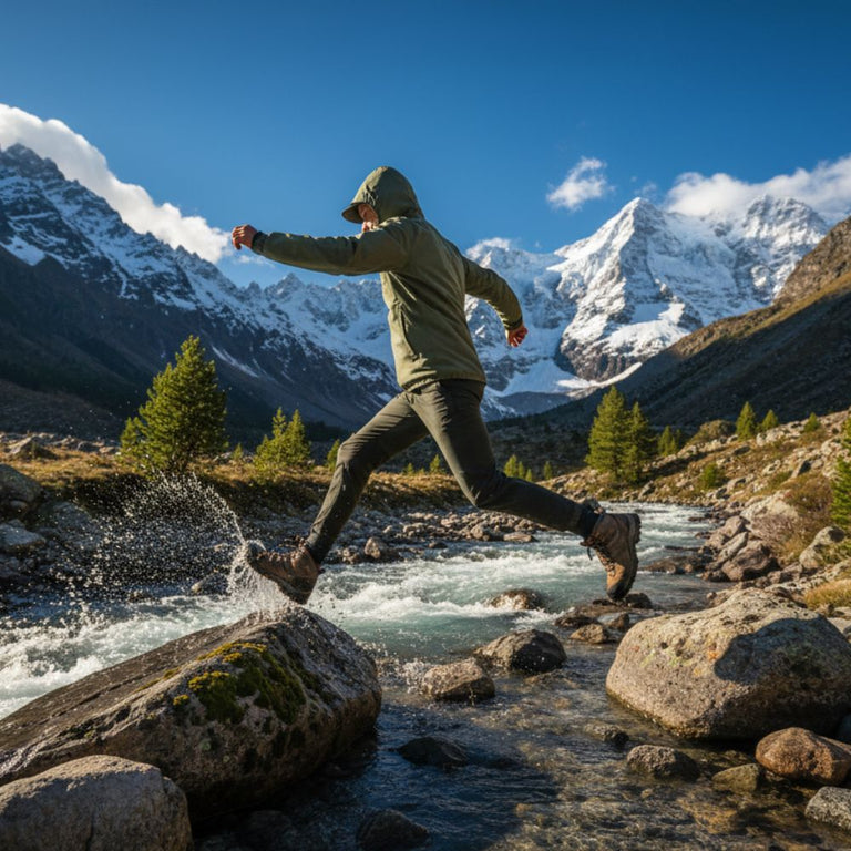 Person running across a stream in a mountainous landscape with snow-capped peaks.