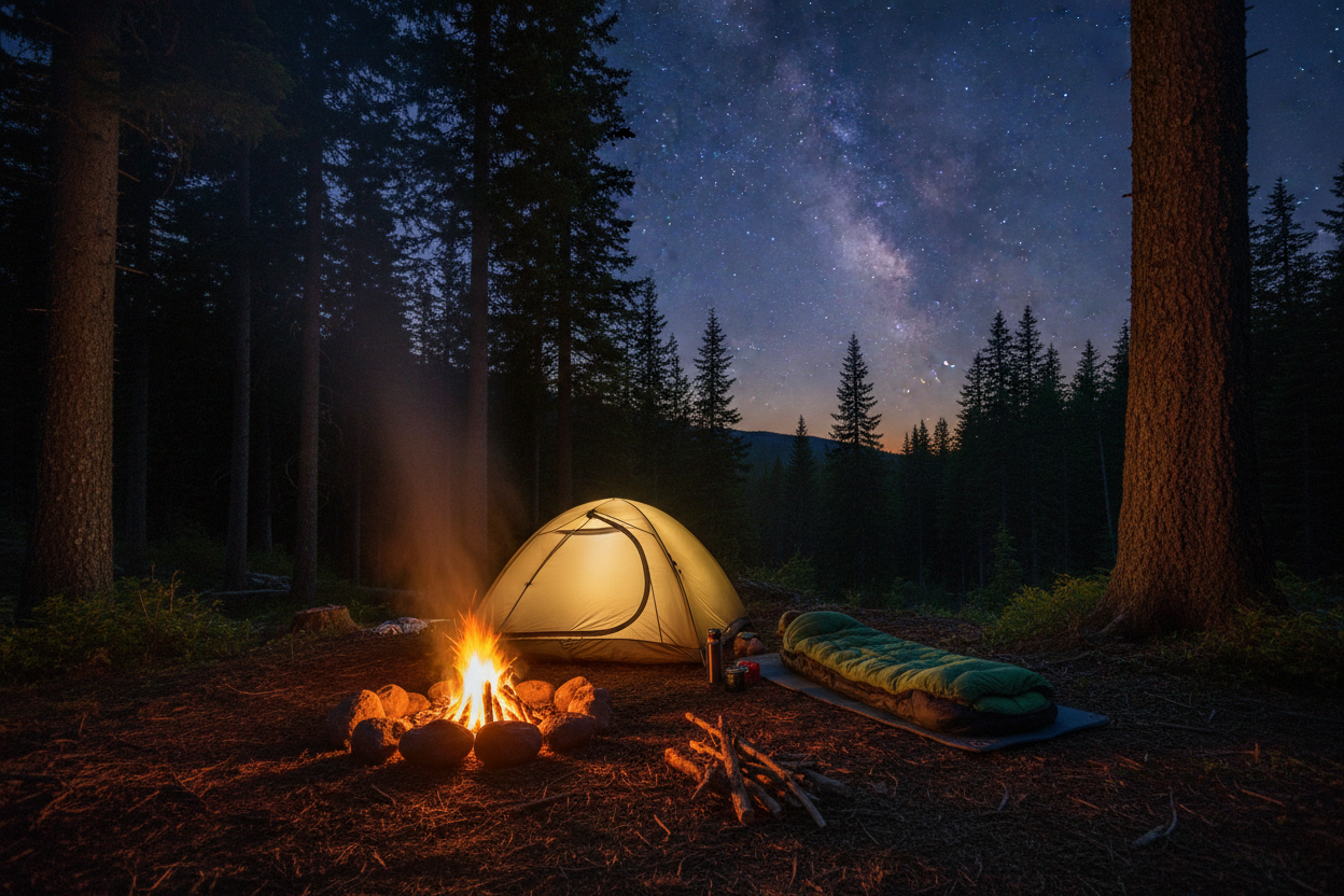 Camping scene with a tent, campfire, and sleeping bag under a starry sky in the woods.