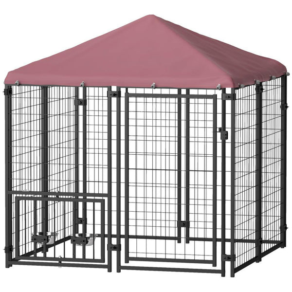 Welded Wire Outdoor Dog Kennel with Rotating Bowls, Waterproof Cover, 4.6x4.6x5 Feet