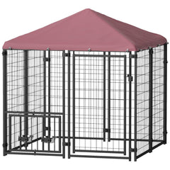 Welded Wire Outdoor Dog Kennel with Rotating Bowls, Waterproof Cover, 4.6x4.6x5 Feet